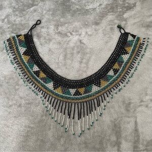 Beaded Fringe Collar Necklace Black Green Gold Statement Choker OS